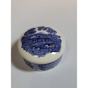 Vintage Real English Ironstone Blue & White Farm House Trinket Box